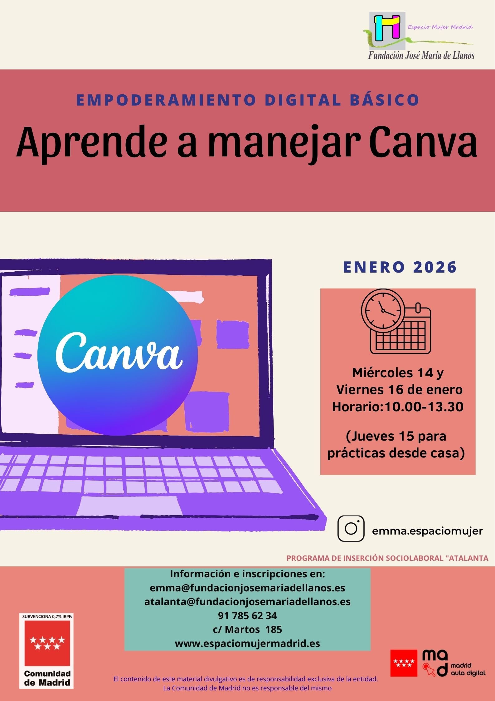 Curso presencial para aprender a usar Canva en El Pozo del Tío Raimundo, Vallecas, del 14 al 16 de enero. Formación práctica y plazas limitadas